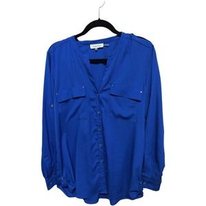 Calvin Klein Blouse Cobalt Blue Long Sleeve Top Pullover Shirt Women Large